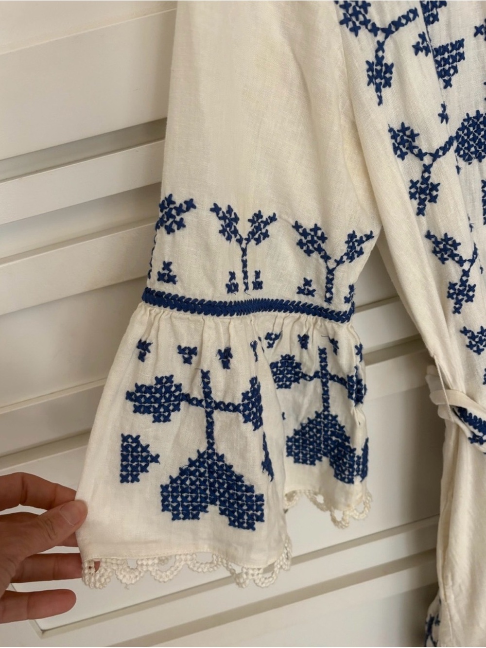 Farm Rio Embroidered White & Blue Boho Dress with Belt - Picture 3 of 4